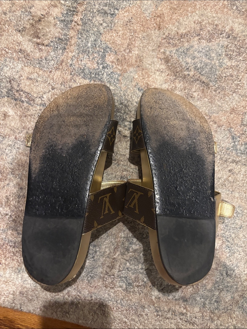 Louis Vuitton Brown Monogram & Gold Buckle Slide Sandals - Picture 5 of 6